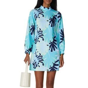 Sail to Sable Blue Shift Mini Dress Size 2 Vacation Mod Palm Tree Designer  $275